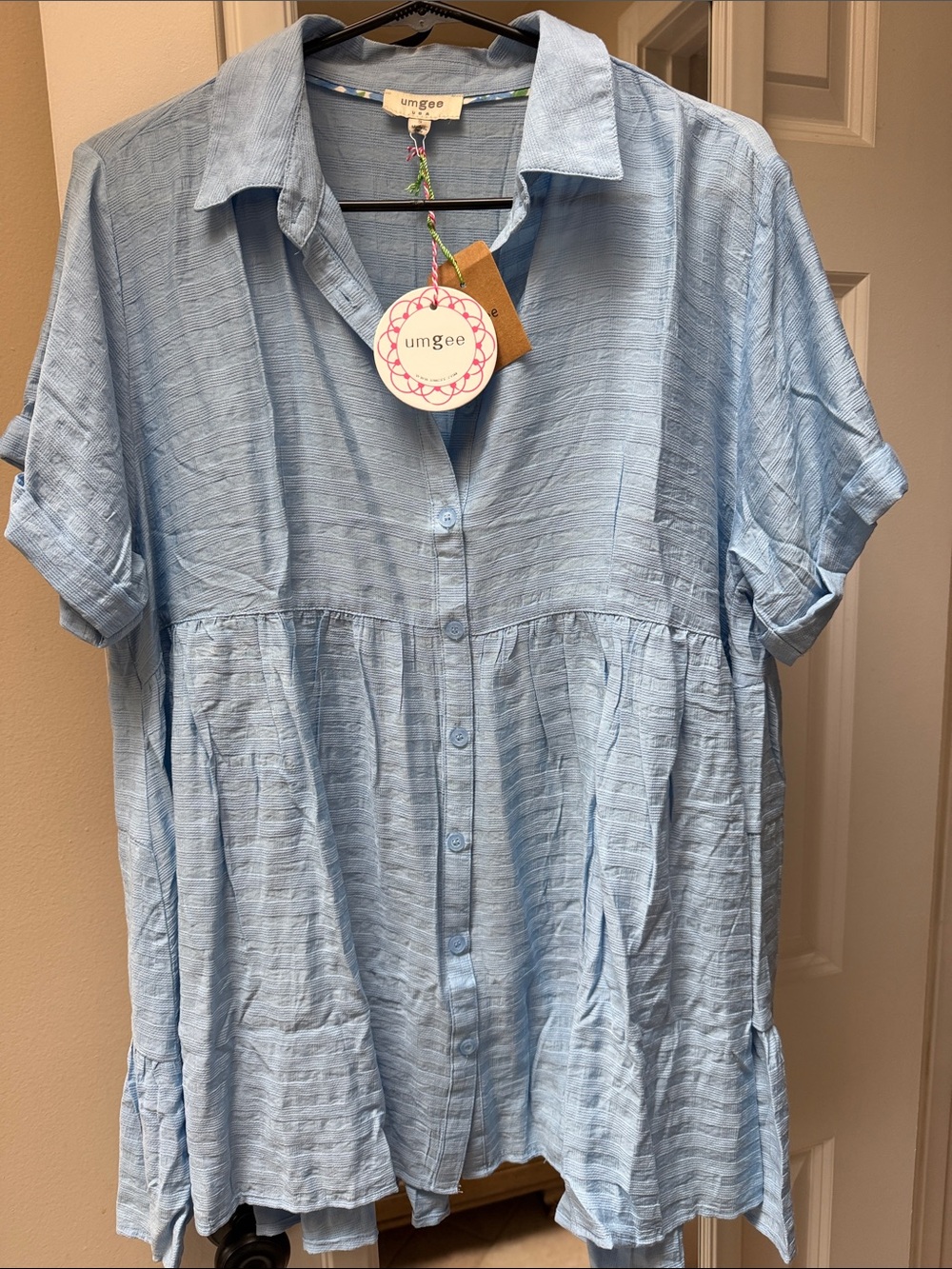 Umgee Pale Blue Relaxed Button-Down Peplum Shirt